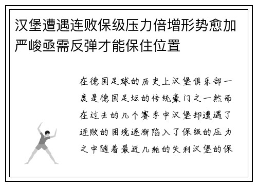 汉堡遭遇连败保级压力倍增形势愈加严峻亟需反弹才能保住位置